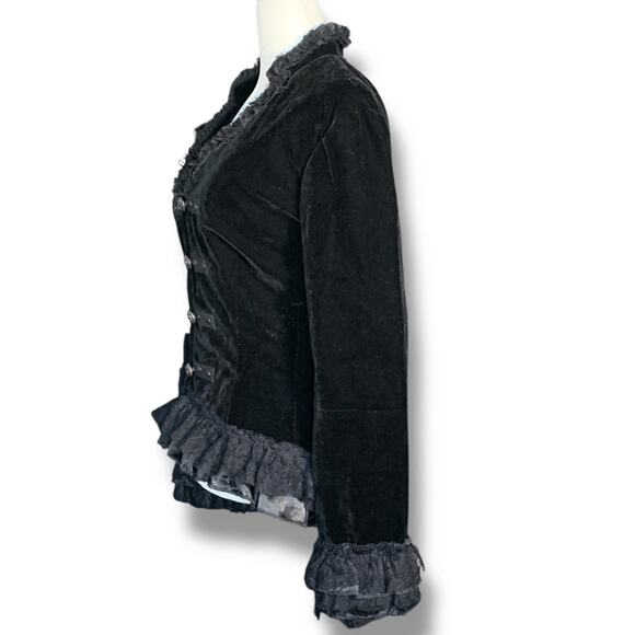 Hearts And Roses Black Velvet Gothic Military Jacket Lace Up Corset Back Sheer 8 - Picture 3 of 12